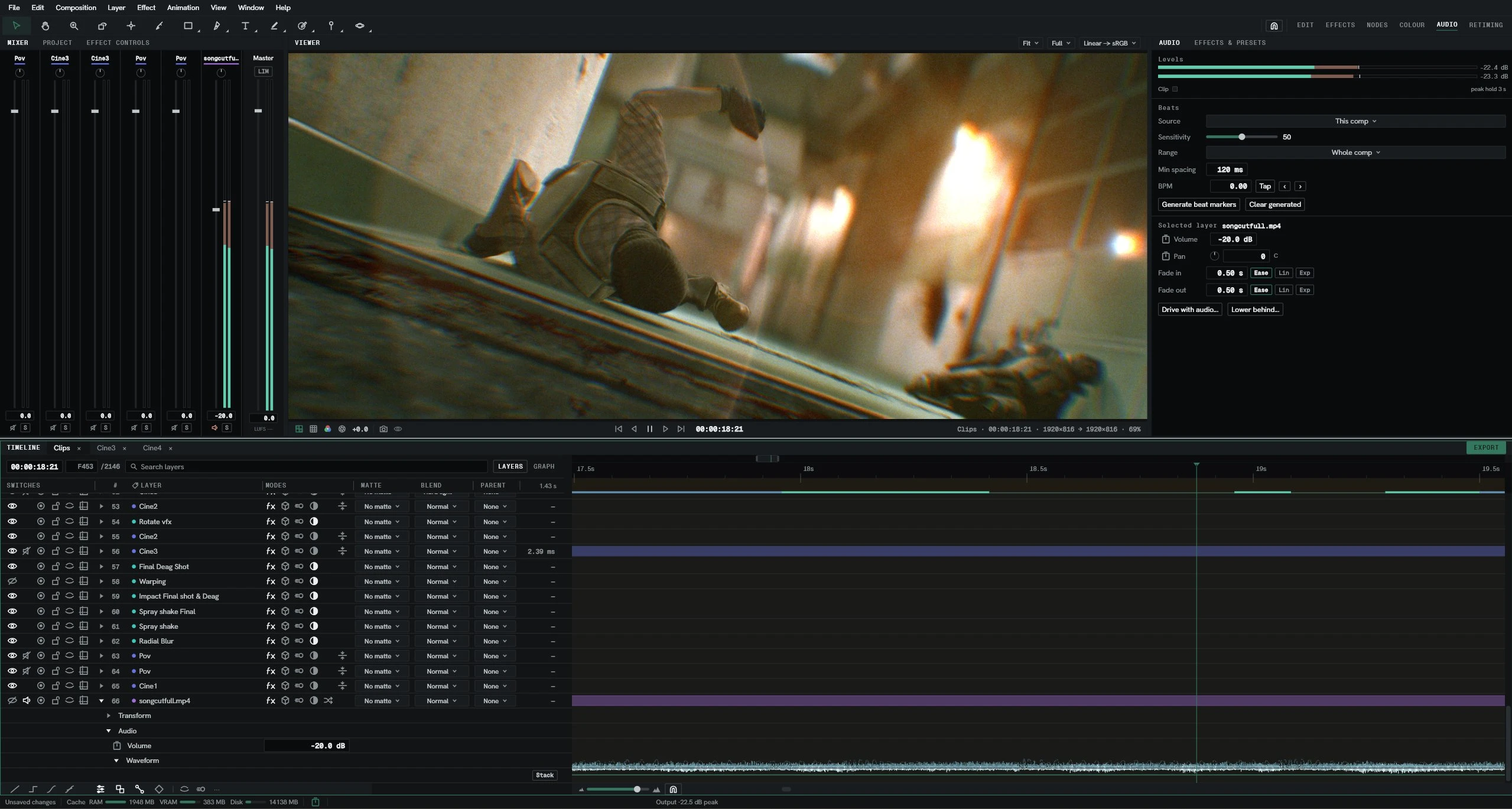 The Audio workspace: mixer strips and levels at the left, beat detection at the right, a waveform under the timeline