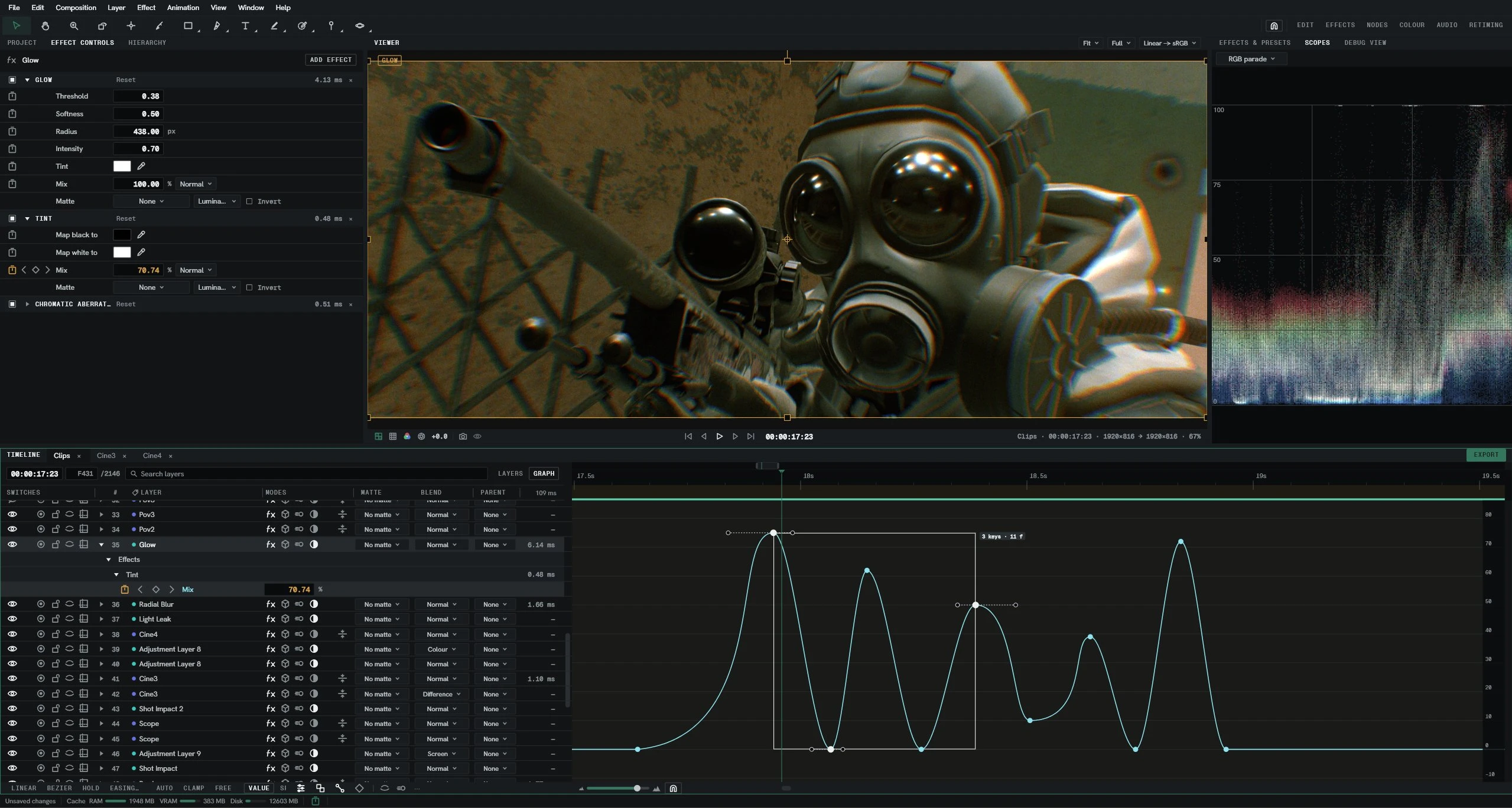 The Graph workspace: effect controls, the viewer and scopes, with a property's curve open in the timeline