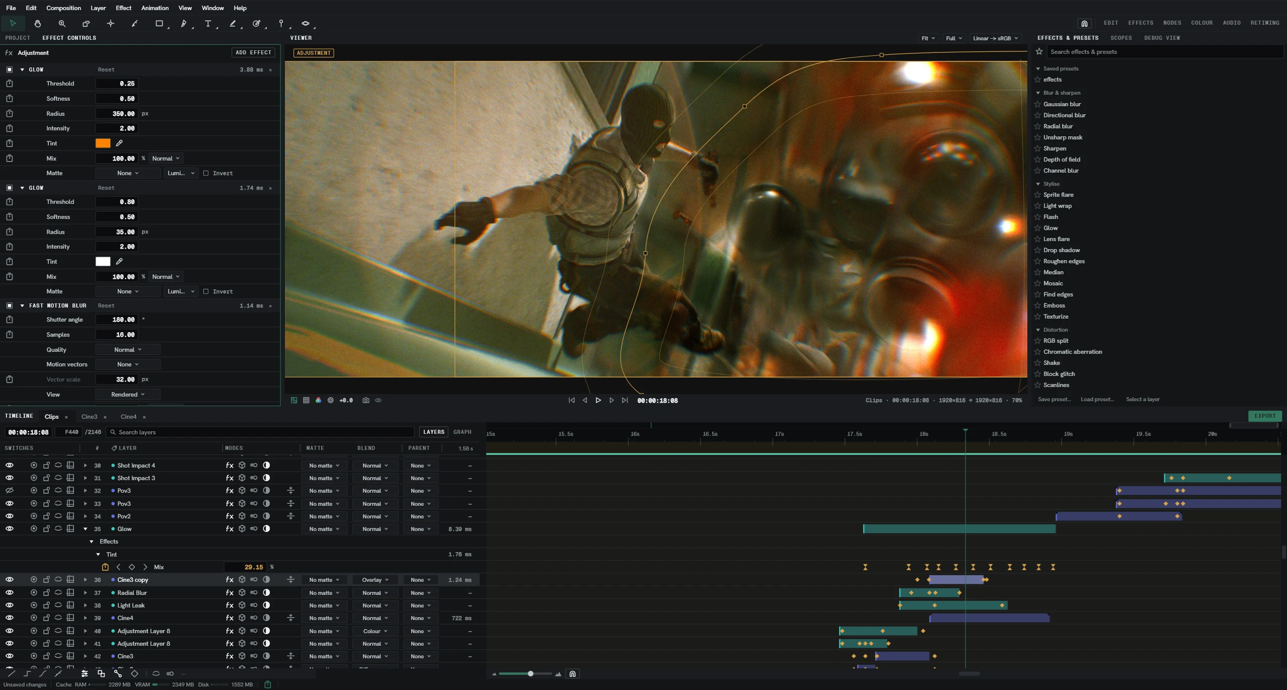 Lumit mid-edit: the viewer showing a graded frame, effect controls at the left, and a full timeline of layers and keyframes below