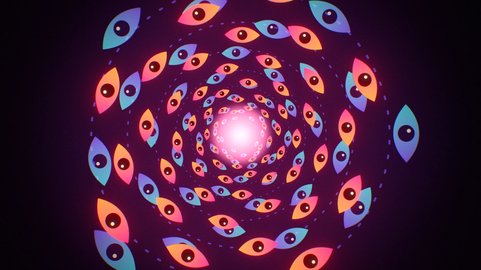 A spiral of small bright eyes turning round a pink light on a dark violet ground