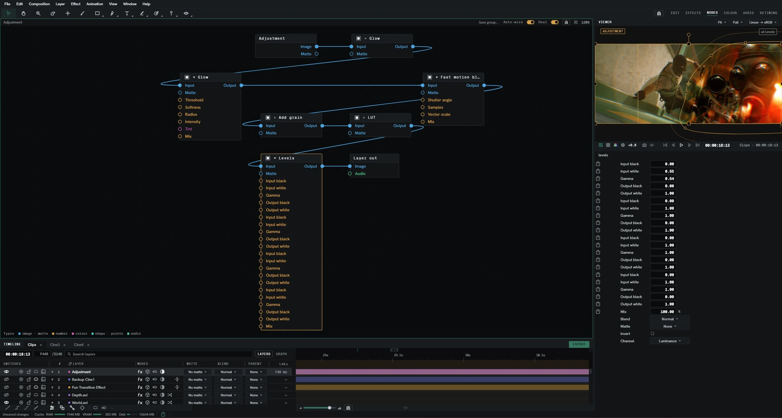 The Nodes workspace: a wired effect chain across the window, the viewer beside it