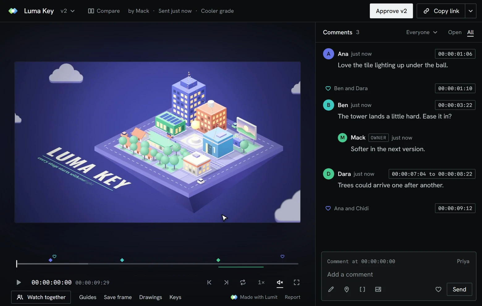 A preview's page in a browser: the video, a drawing on its picture, and comments beside it with their times.