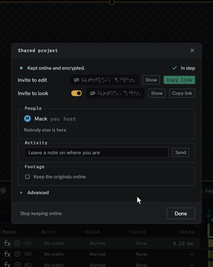 Lumit's Shared project window, with the project kept online and two people joining it.