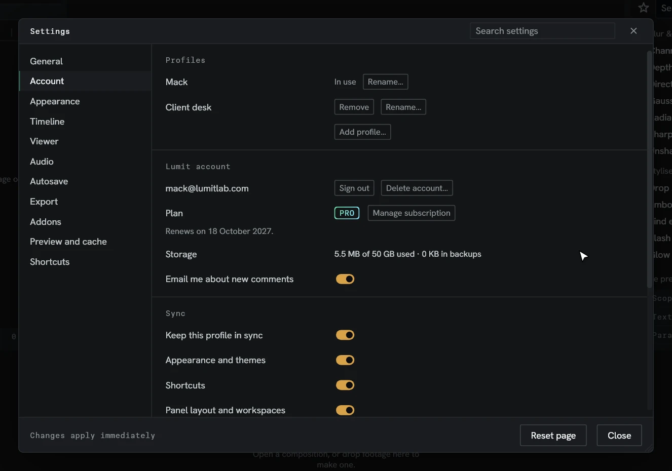 The Account page of Lumit's settings: a Pro account, and a switch for each group of settings kept in sync.