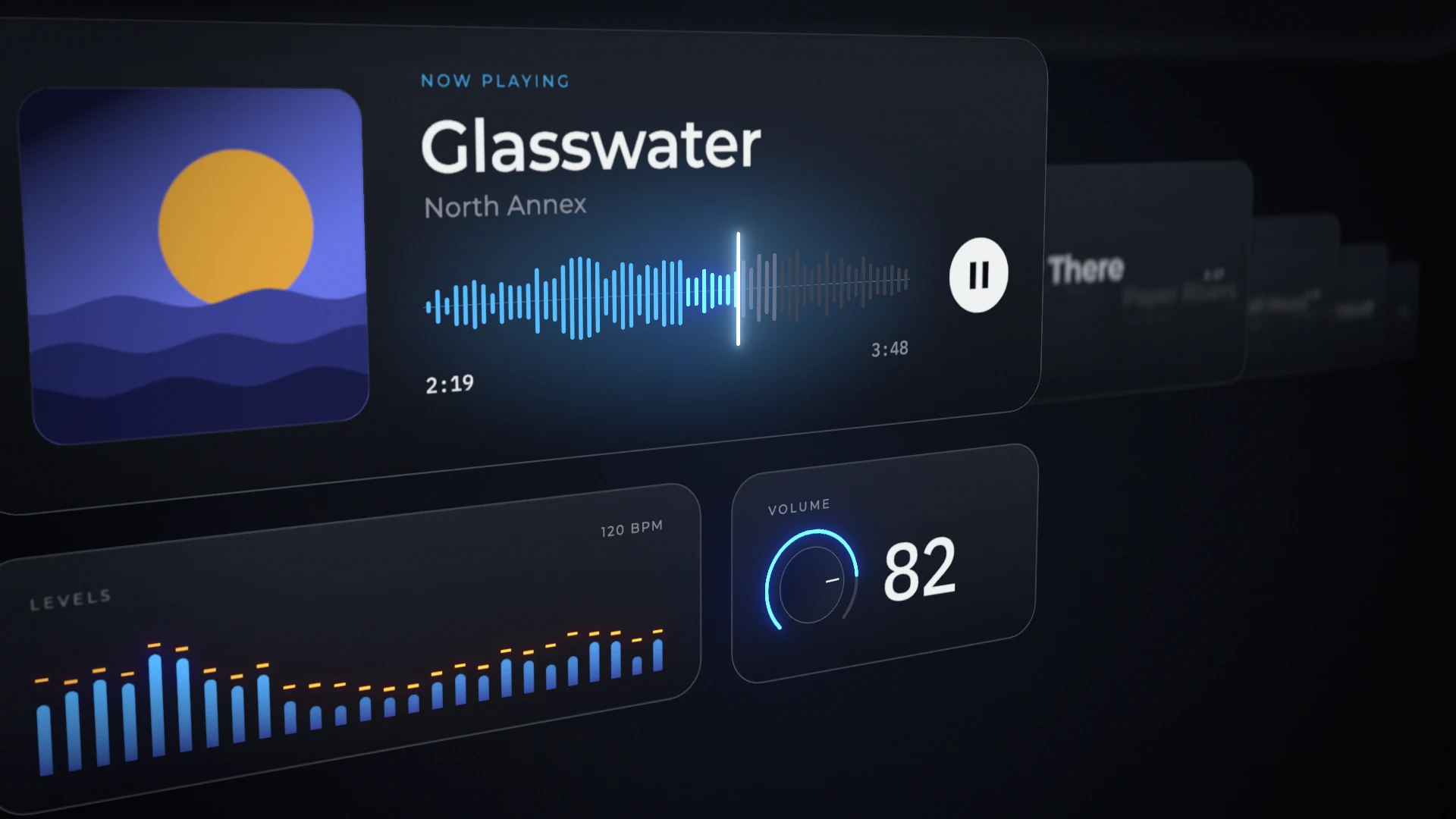 A music player card seen at an angle in the dark, with a level meter and a volume dial reading 82