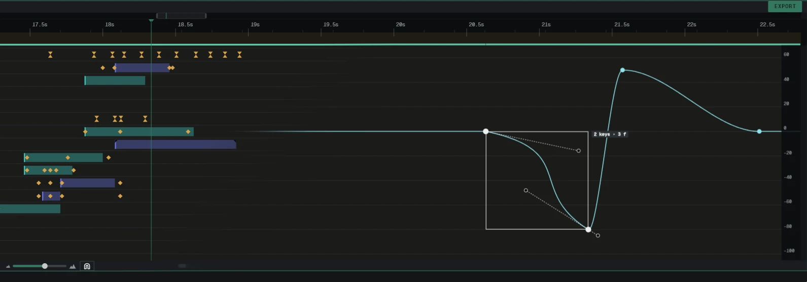 Lumit's timeline lanes beside the graph editor: clip bars and keyframes on one side, a property's curve on the other