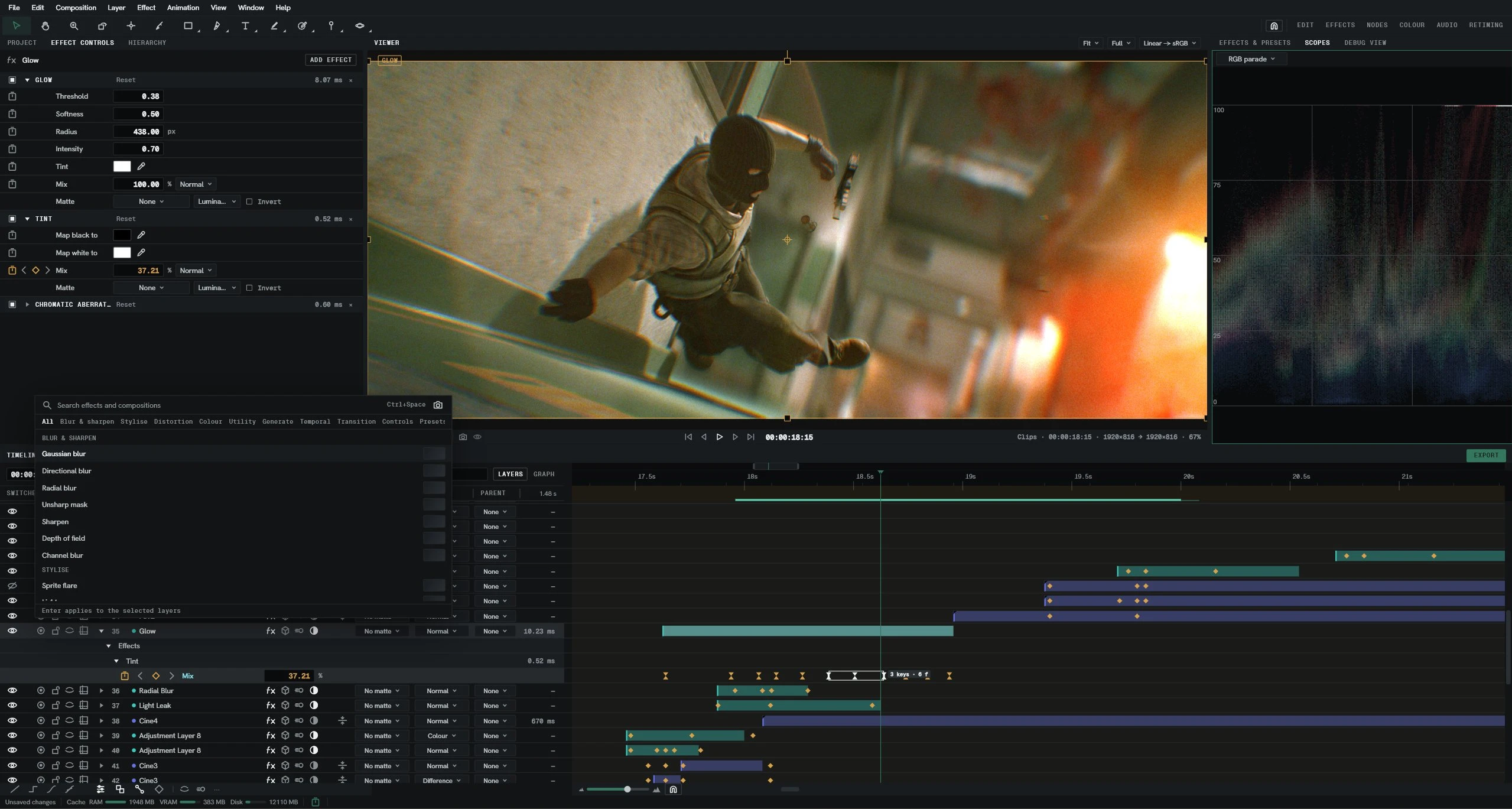 The Lumit workspace: effect controls, the viewer and scopes, the effects search open over a full timeline